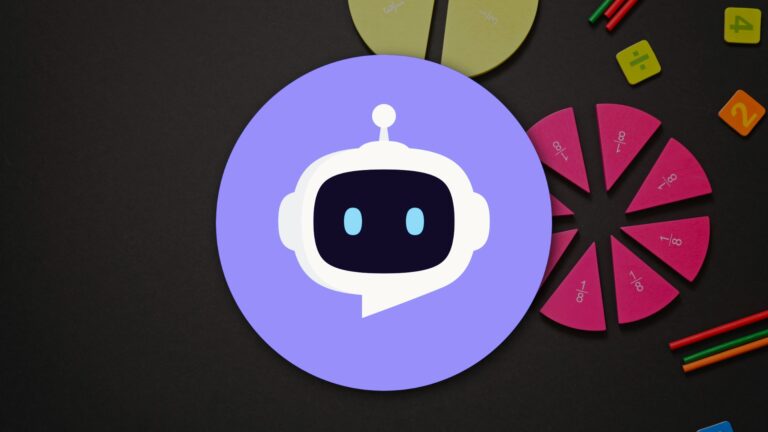 Purple robot logo centered over dark background with colorful math fraction manipulatives