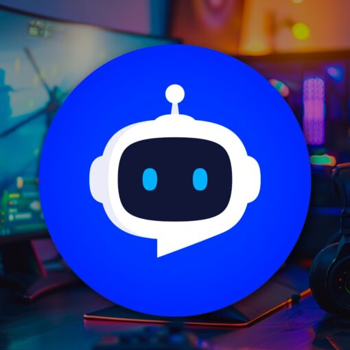 Gaming setup with a blue chatbot logo on a desk.