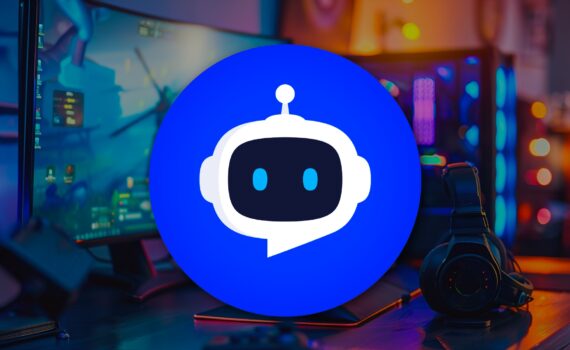 Gaming setup with a blue chatbot logo on a desk.