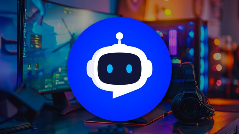 Gaming setup with a blue chatbot logo on a desk.