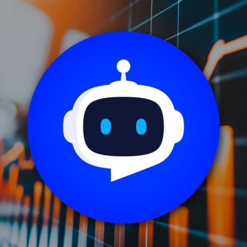 Blue chatbot icon overlaid on a blurred background of orange and blue statistical bar charts.