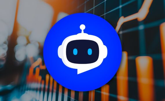 Blue chatbot icon overlaid on a blurred background of orange and blue statistical bar charts.