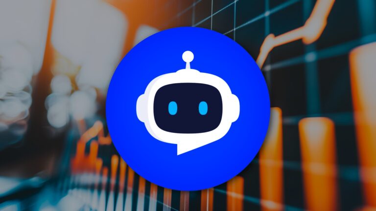 Blue chatbot icon overlaid on a blurred background of orange and blue statistical bar charts.