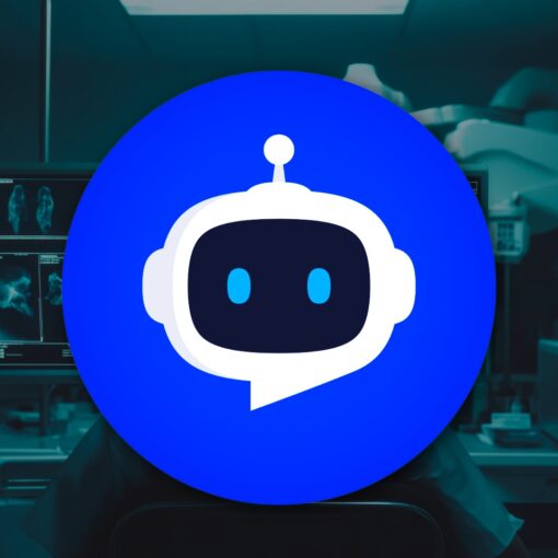 A minimalist robot head icon inside a blue circle, set against a blurred background of a radiologic laboratory with medical imaging equipment.