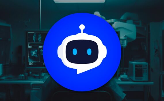A minimalist robot head icon inside a blue circle, set against a blurred background of a radiologic laboratory with medical imaging equipment.