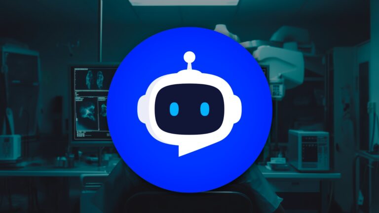 A minimalist robot head icon inside a blue circle, set against a blurred background of a radiologic laboratory with medical imaging equipment.