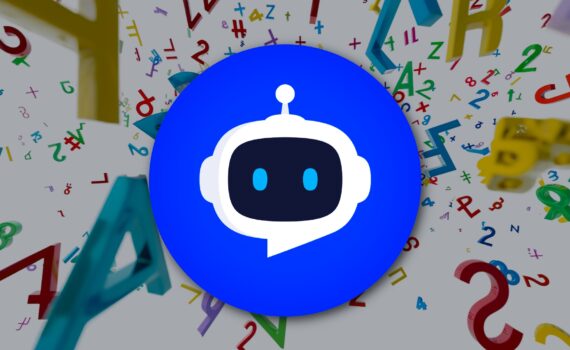 A robot head icon centered over a background of colorful, floating numbers and mathematical symbols.