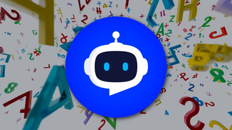 A robot head icon centered over a background of colorful, floating numbers and mathematical symbols.