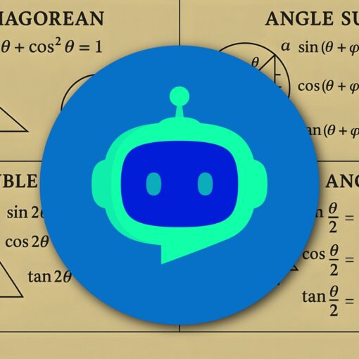 Math formulas and triangle diagrams with a blue circular robot logo centered