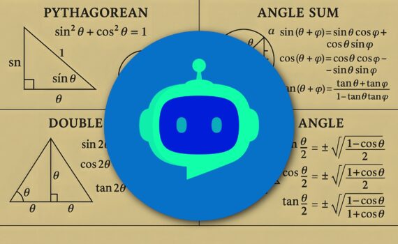 Math formulas and triangle diagrams with a blue circular robot logo centered