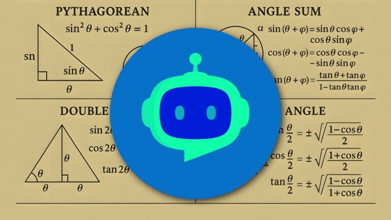 Math formulas and triangle diagrams with a blue circular robot logo centered