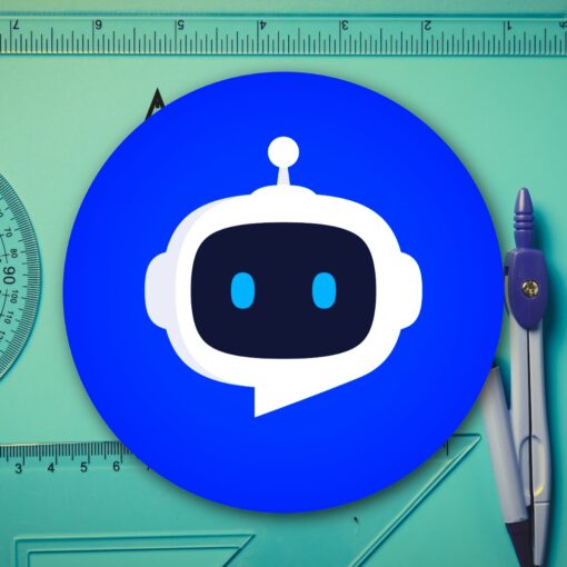 A blue and white robot head icon centered over a background of geometric drafting tools, including a protractor, ruler, and compass.