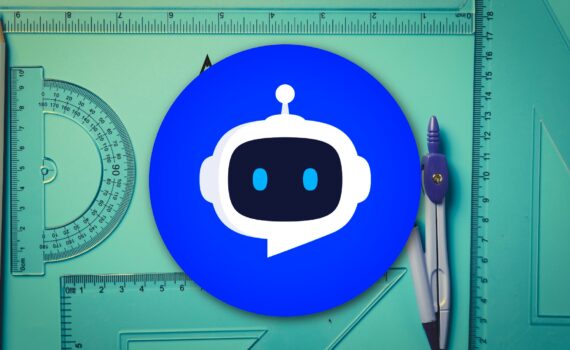 A blue and white robot head icon centered over a background of geometric drafting tools, including a protractor, ruler, and compass.