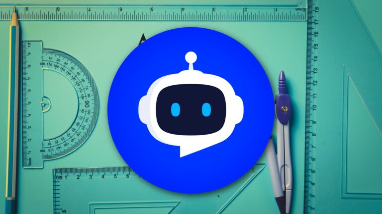 A blue and white robot head icon centered over a background of geometric drafting tools, including a protractor, ruler, and compass.