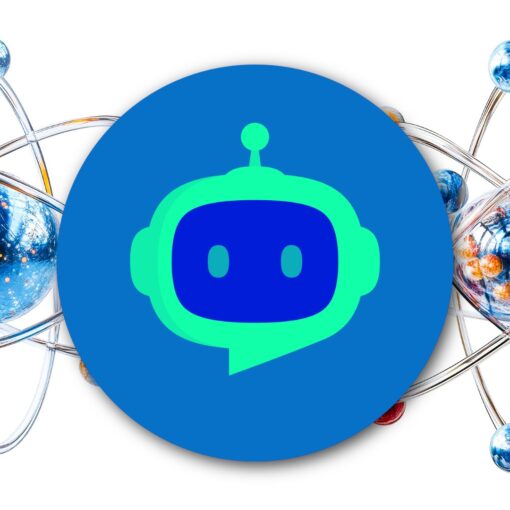 Stylized atomic models behind a centered blue-and-green robot logo