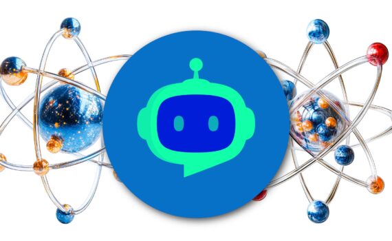 Stylized atomic models behind a centered blue-and-green robot logo