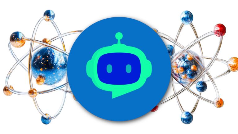 Stylized atomic models behind a centered blue-and-green robot logo