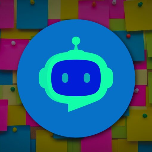 Colorful sticky notes background with a centered blue-and-green robot logo