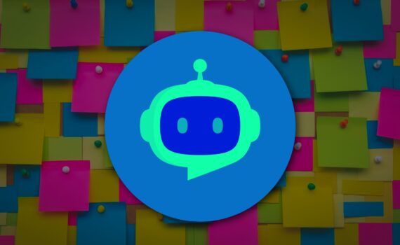 Colorful sticky notes background with a centered blue-and-green robot logo