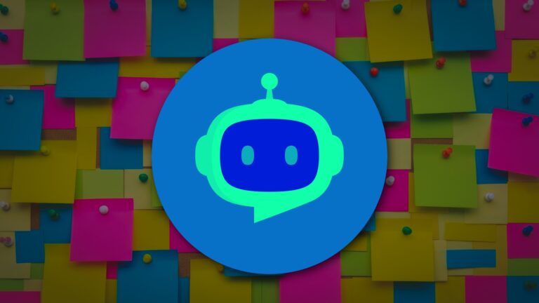 Colorful sticky notes background with a centered blue-and-green robot logo