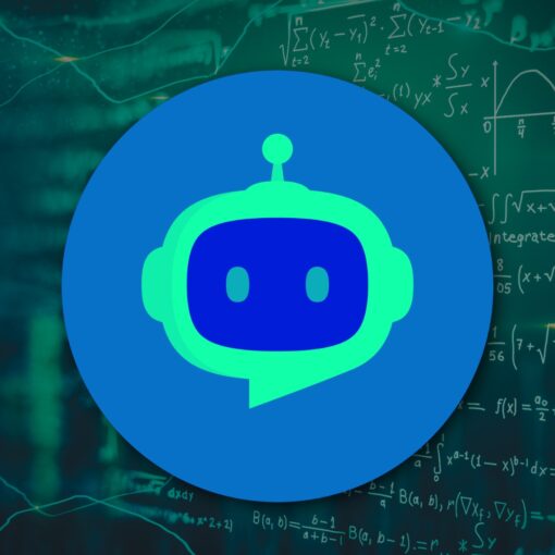 Dark green chalkboard with math equations and a blue-and-green robot logo centered