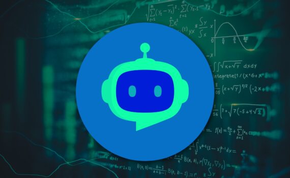 Dark green chalkboard with math equations and a blue-and-green robot logo centered
