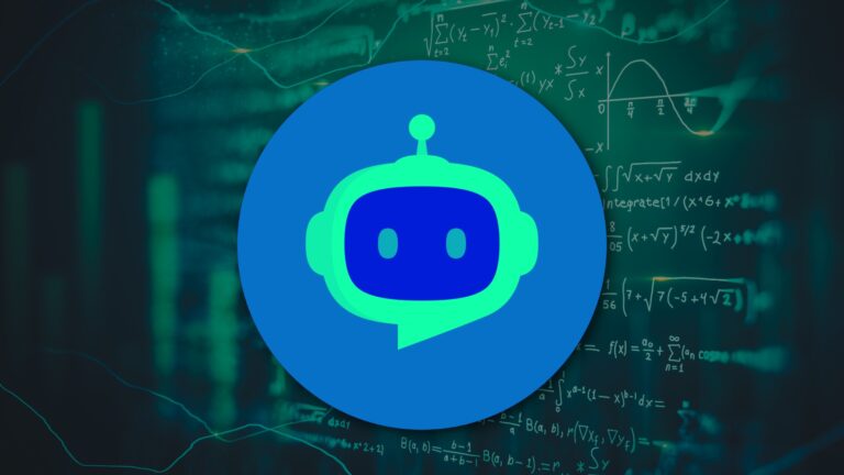 Dark green chalkboard with math equations and a blue-and-green robot logo centered