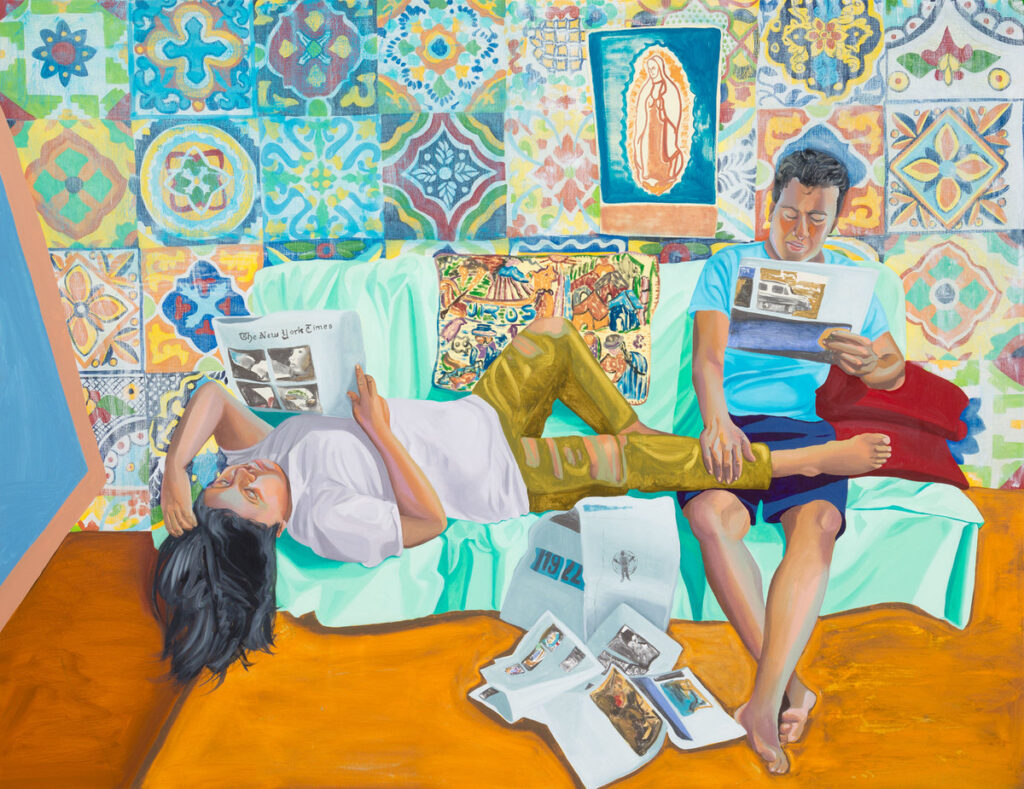 Aliza Nisenbaum painting of two people lazily reading sections of a newspaper called “La Talaverita, Sunday Morning NY Times”