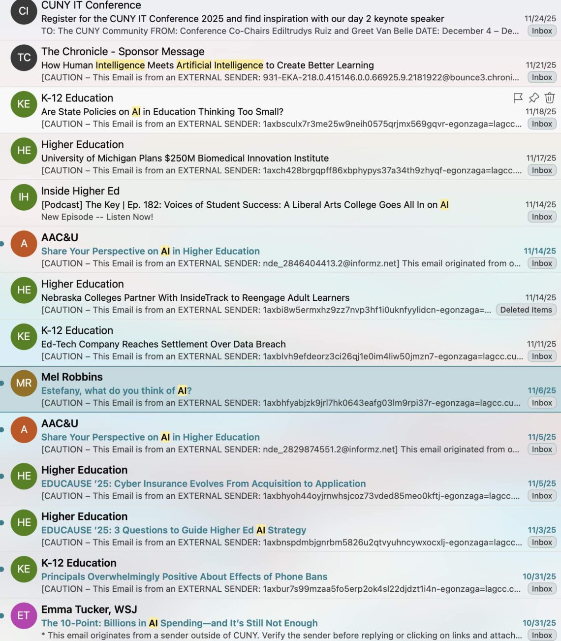 screen shot of inbox