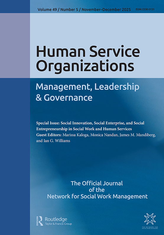 The cover image for the Human Service Organizations: Management, Leadership & Governance, Volume 49, Issue 5 (2025), a special issue themed on Social Innovation, Social Enterprise, and Social Entrepreneurship in Social Work and Human Services.