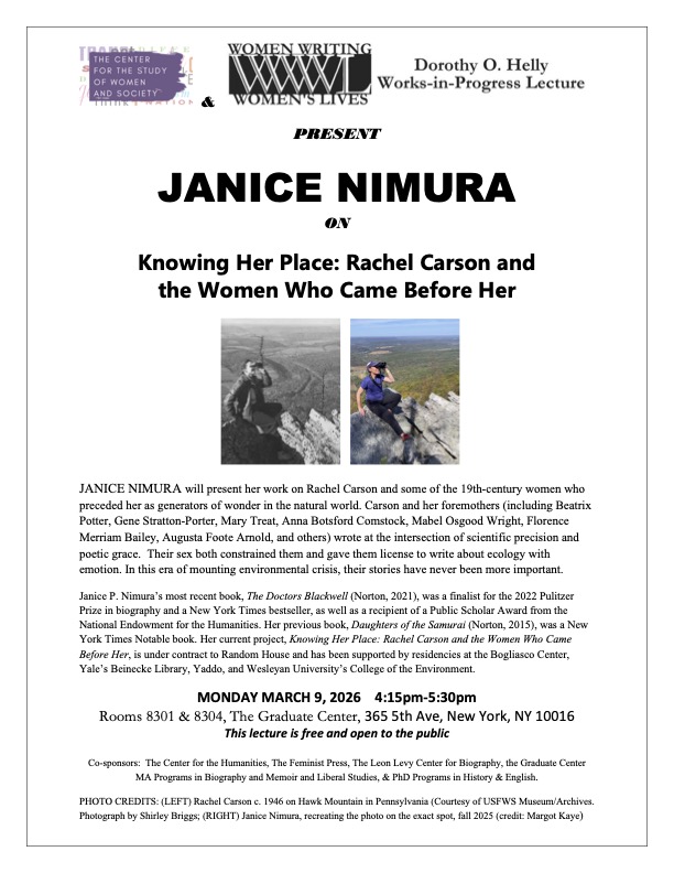 Flyer for lecture with two images of women sitting on a mountain. Info on lecture: Janice Nimura will deliver the 2026 Helly Lecture on March 9 from 4:15-5:30 at the CUNY Graduate Center, Room 8301-8304. 