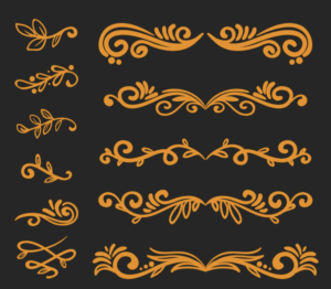 A set of ornamental decorations full of curlicues and leafy patterns.