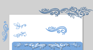 A screenshot of my messy Inkscape process wherein I cut apart the ornamental decorations and reconfigured them.