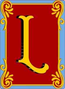 Voces del Lunfardo unadorned image - intended to be viewed at the smallest scale. It depicts a bright yellow L on a red background surrounded by a yellow/gold decorative frame and enclosed by a solid border in the same blue as on the Argentinian flag.