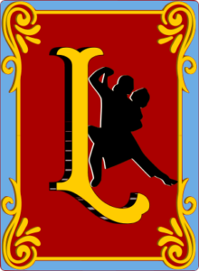 This is the main landing page logo intended for regular scale. It depicts a yellow/gold L on a field of dark red, framed in ornate yellow/gold and enclosed in a blue border. Next to the L is a silhouette of two tango dancers.