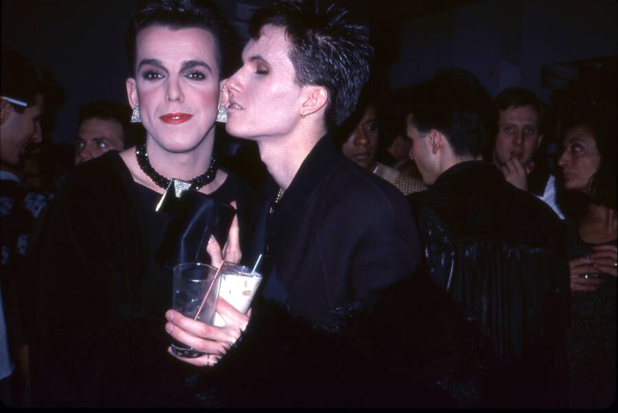 Beloved drag queen Kevin and Michael Schultz share a kiss at Studio 54.