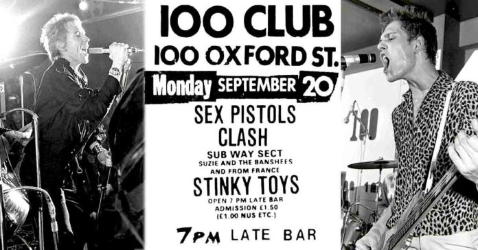 A poster of punk performances at the 100 Club in London.