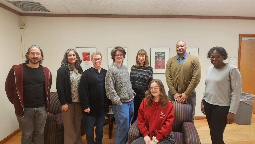 Generative AI Faculty Fellows pictured from left to right: Joshua Rogers, Soniya Munshi, Emily Drabinski, S.E. Hackney, Claudia Brumbaugh, Annalee Roustio, Brandon Jeffries, and Robin Naughton. Not pictured: Lindsey Albracht, Ashlyn Cavitt, Antonia Cucchiara, Delaram Kahrobaei, Yael Neumann, and Holly Weisberg.