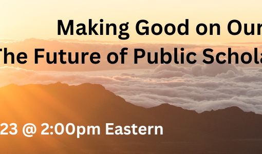 Image of a sunrise over a mountain and clouds with text that reads: "Making Good on Our Public Mission: The Future of Public Scholarship at the GC, Thursday, 27 April 2023 @ 2:00pm Eastern"