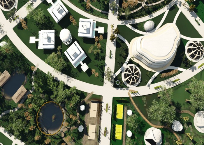 This is a birds-eye-view of a city with buildings, roads, and trees.