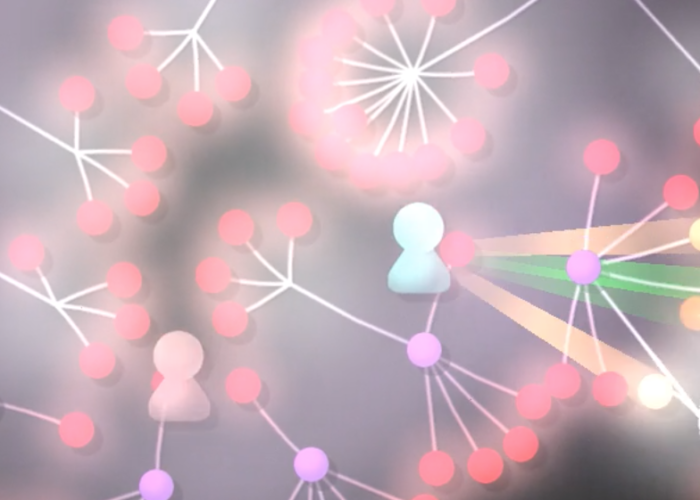 Data visualization with flowing of student activity, featuring red dots networked in hub-and-spoke arrangements (created in Gourse).