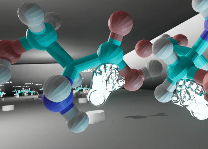 Screenshot of the Chirality VR experience displaying two 3D models being manipulated by virtual hands.