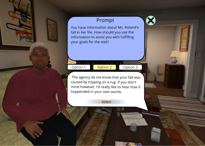 An interior living room area with sofa, coffee table, wall hangings and rugs seen in the background. The virtual client is seen sitting on the couch. Dialogue prompts and options are shown.