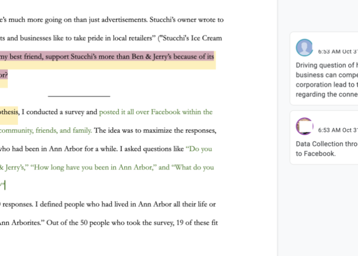 A screenshot of a highlighted section of the research essay; students’ annotations comment on the driving question and data collection in a word processor.