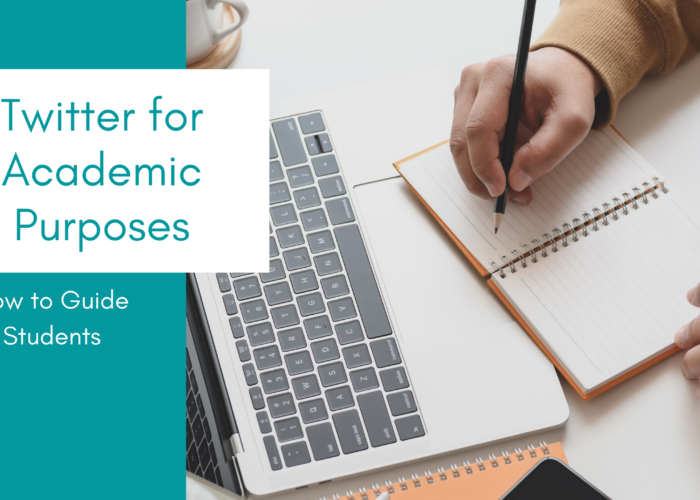 A canvas slide reads "Twitter for Academic Purposes: How to Guide Students", lain over a photo of hands writing in a notebook in front of a laptop.