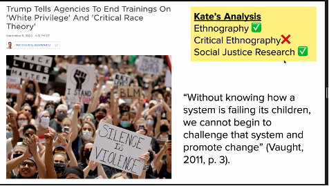 Screenshot of protestors with signs. An excerpt from a course reading is to the right of the image.