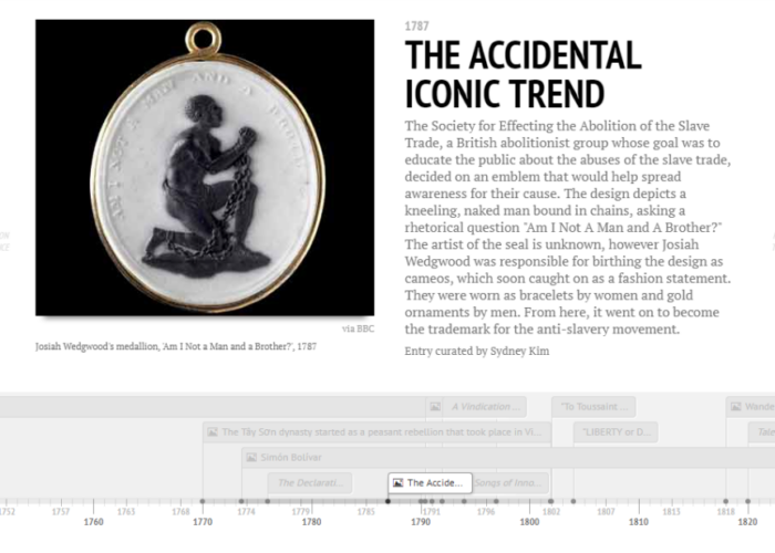 A slide demonstrates TimelineJS used in a history classroom, with the header 'The Accidental Iconic Trend'.