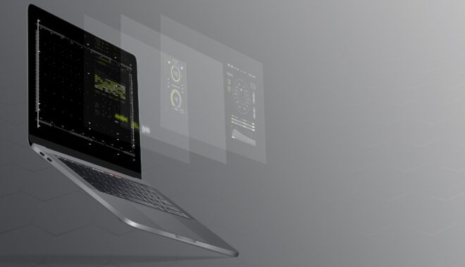 A laptop floating in grey space projects its screen in several layers into the air.