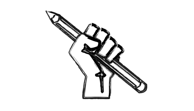A drawing of a raised activist fist holding a pencil.