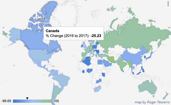 A world map highlights countries in shades of blue and green. Canada is highlighted.